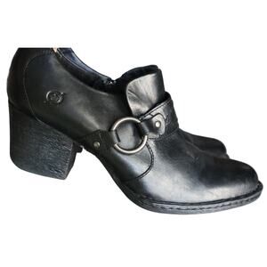 Born Black Leather Ankle Boots Booties Silver Buckle Brown Round Toe Women 9